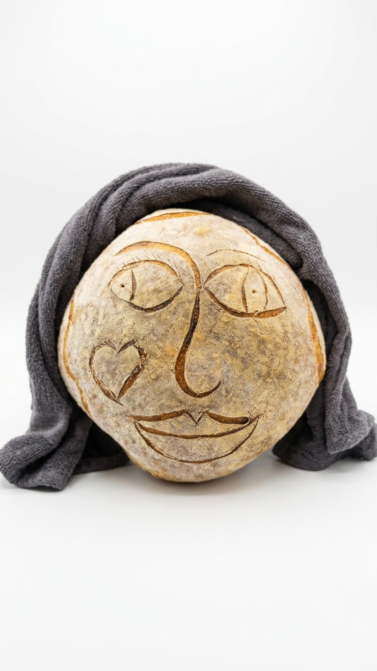 Sourdough loaf scored with a smiling face, draped in a grey cloth