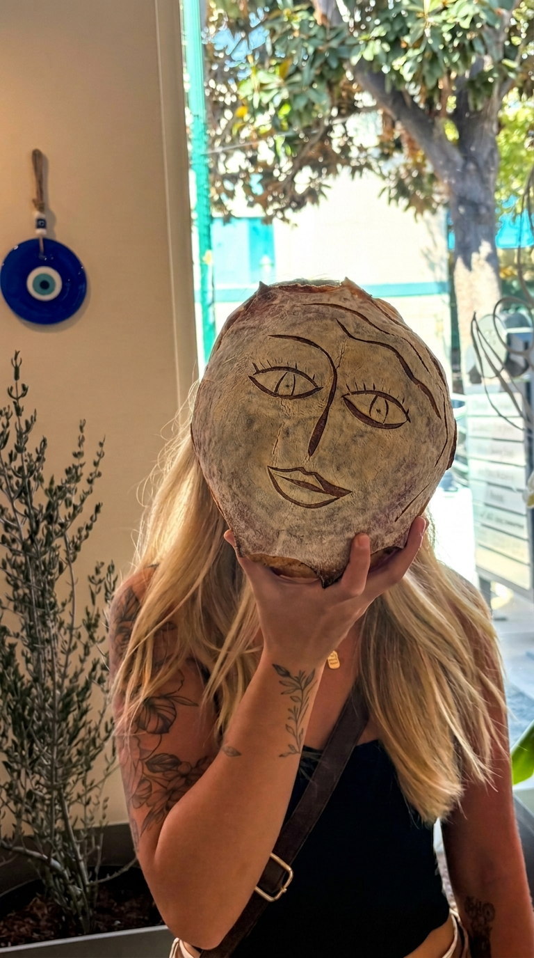 A hand-scored sourdough loaf held up like a face, plate no. 01