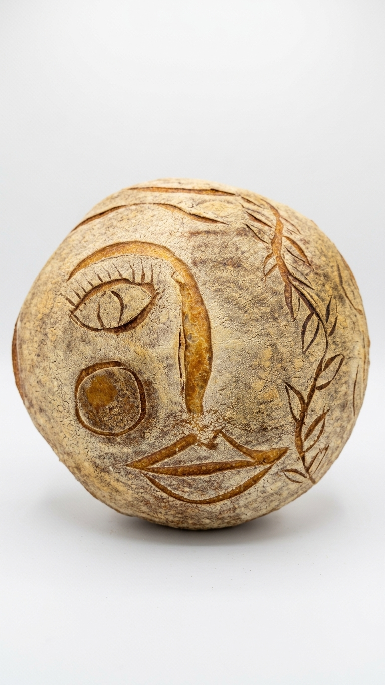 Sourdough loaf scored with a face and olive branch