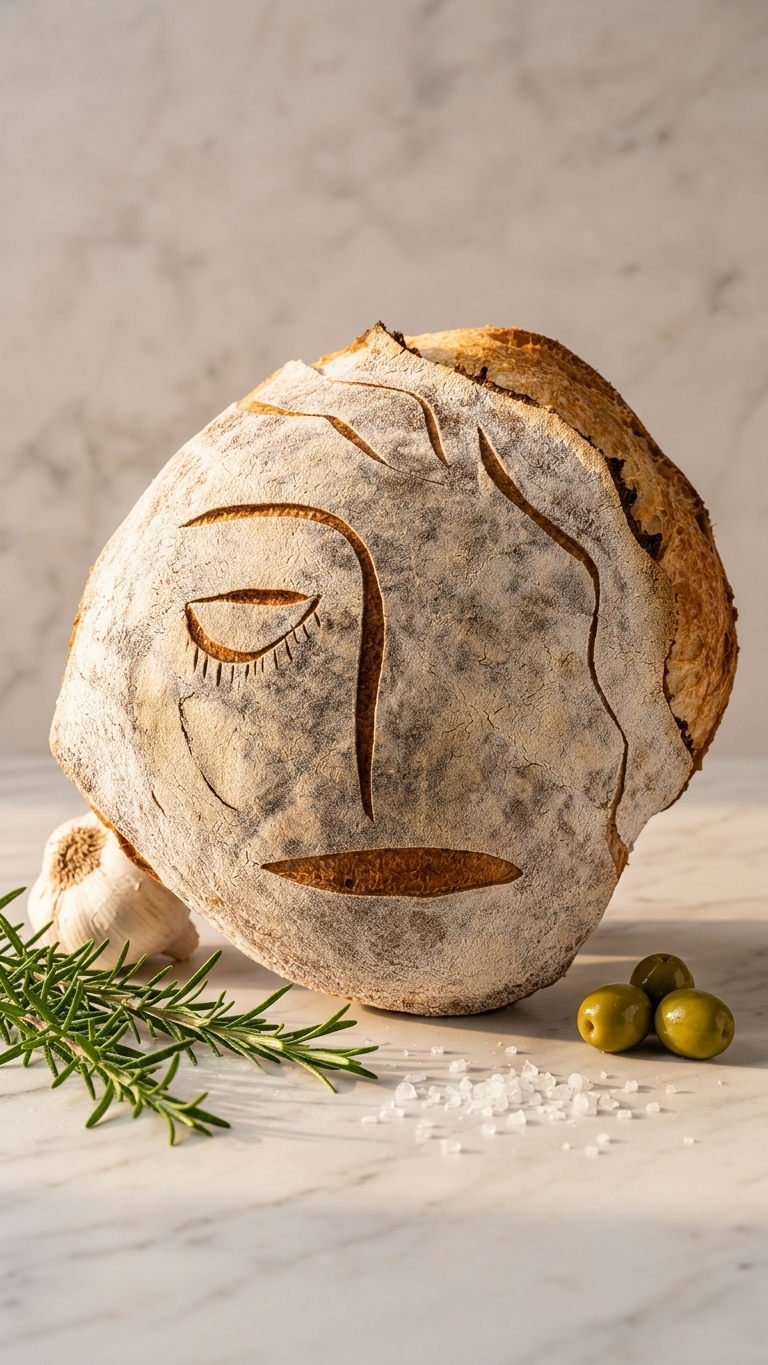 Sourdough loaf scored with a serene closed-eye face, styled with rosemary and olives
